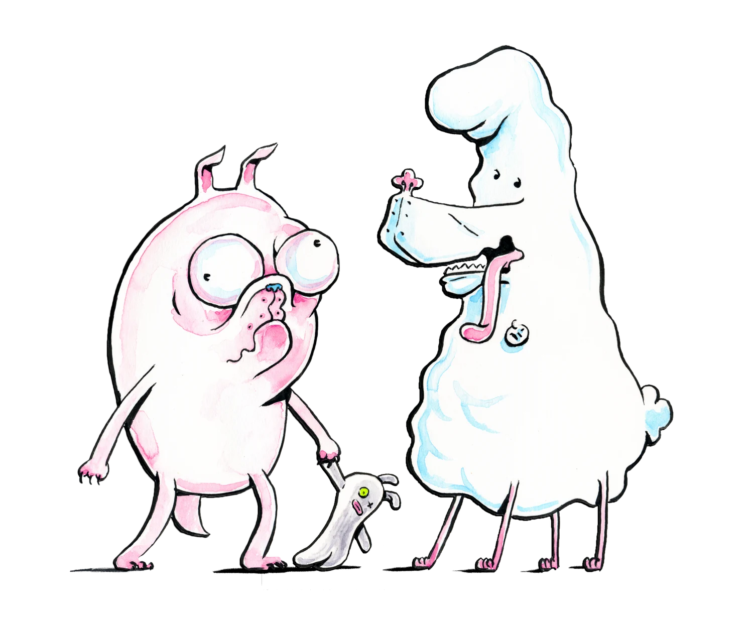 W.C., Waffles, and their stuffed rabbit Fluffy-Bun-Bun